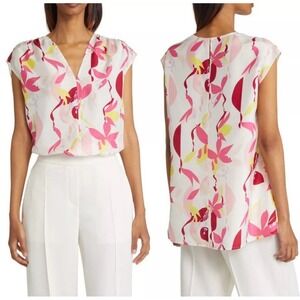 Hugo Boss Silk Floral Sleeveless Abstract V Neck Iore Lightweight Top Size 2‎